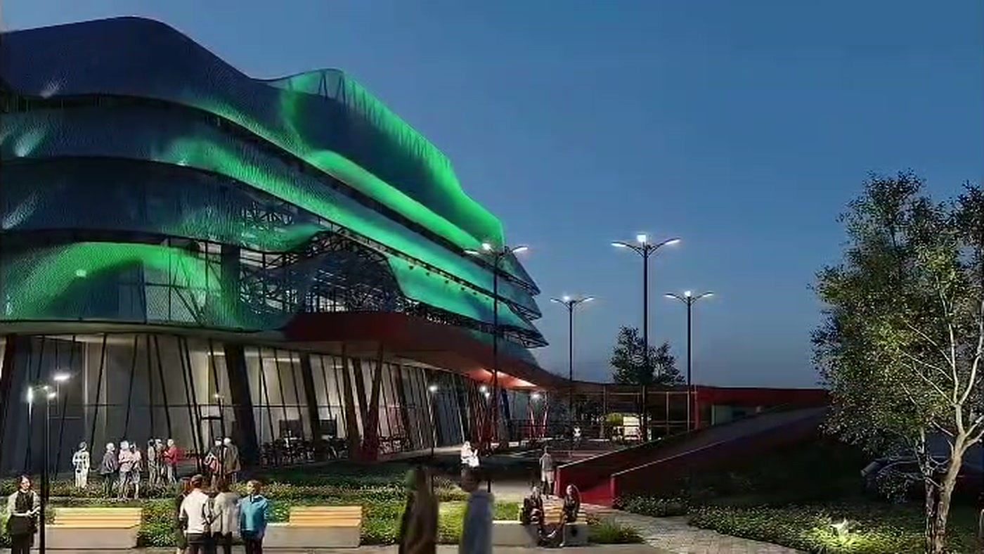 Fachada paramétrica iluminada de noche